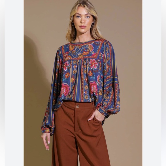 Flying Tomato Tops - Flying Tomato Puff Sleeve Blouse in Blue and Pink